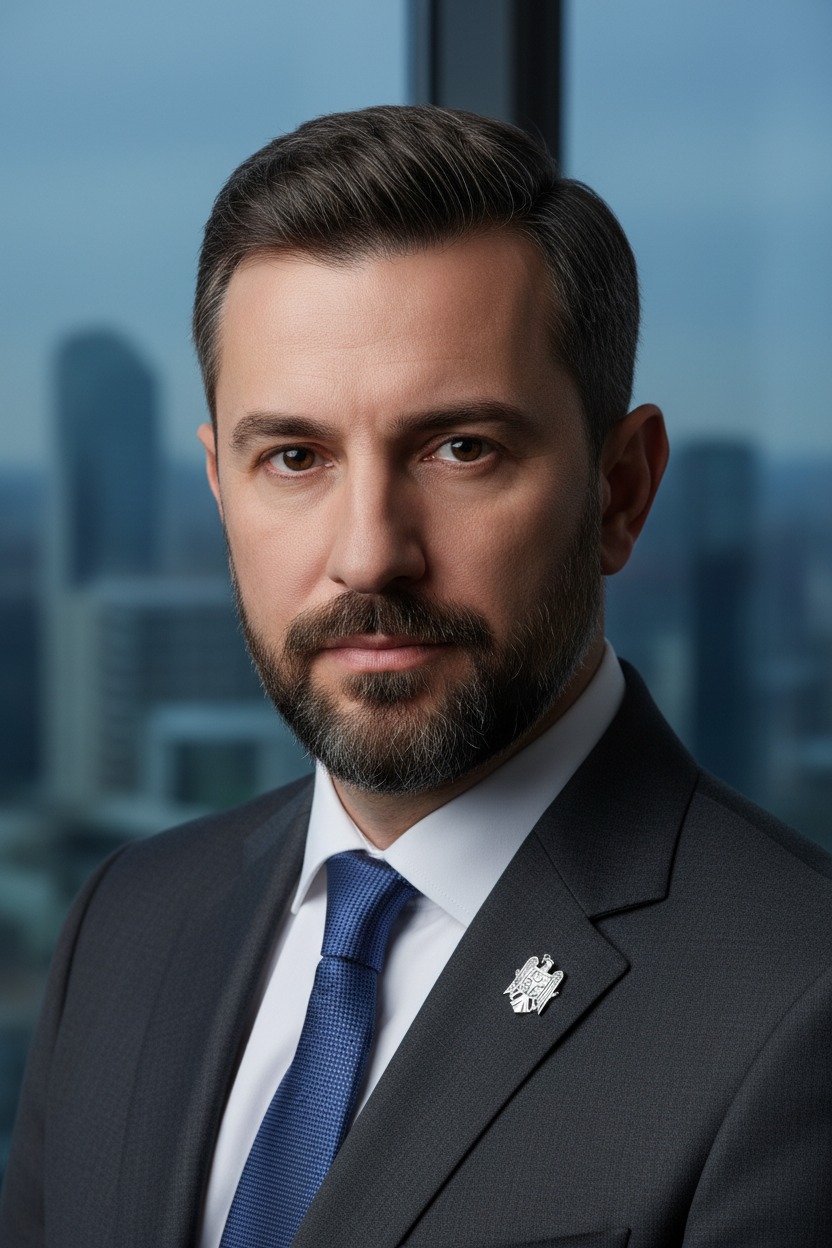 A man with a beard wearing a dark suit and blue tie stands in front of a blurred city skyline.