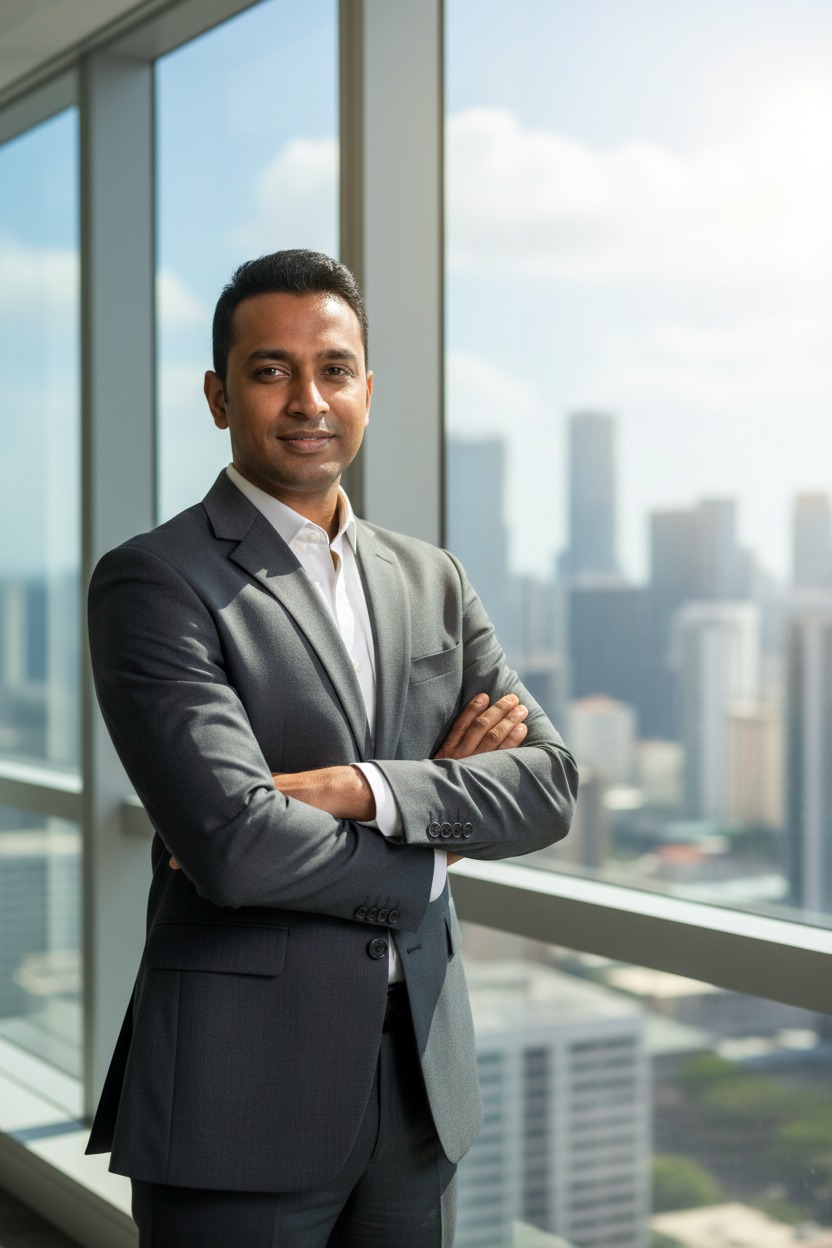 A professional man in a grey suit stands with his arms crossed in front of a large office window overlooking a city skyline.